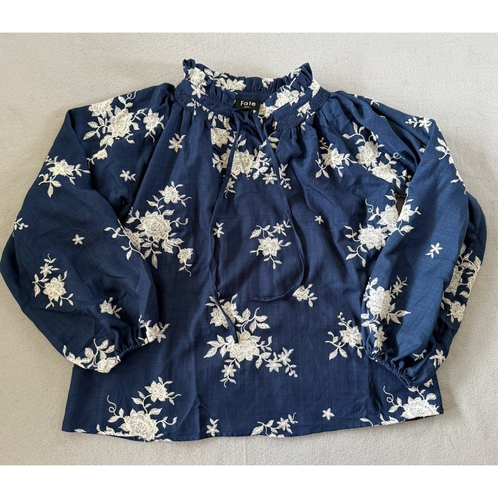 Fate S Navy Blue Peasant Embroidered Floral Balloon Sleeve Cottagecore Blouse